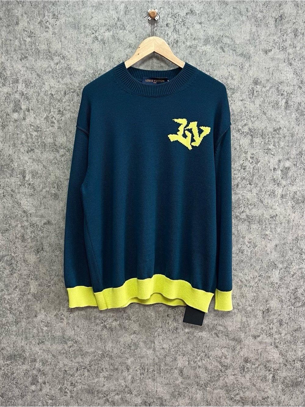 🚩steal Louis Vuitton Dark Teal Sweater with Neon Yellow Accents